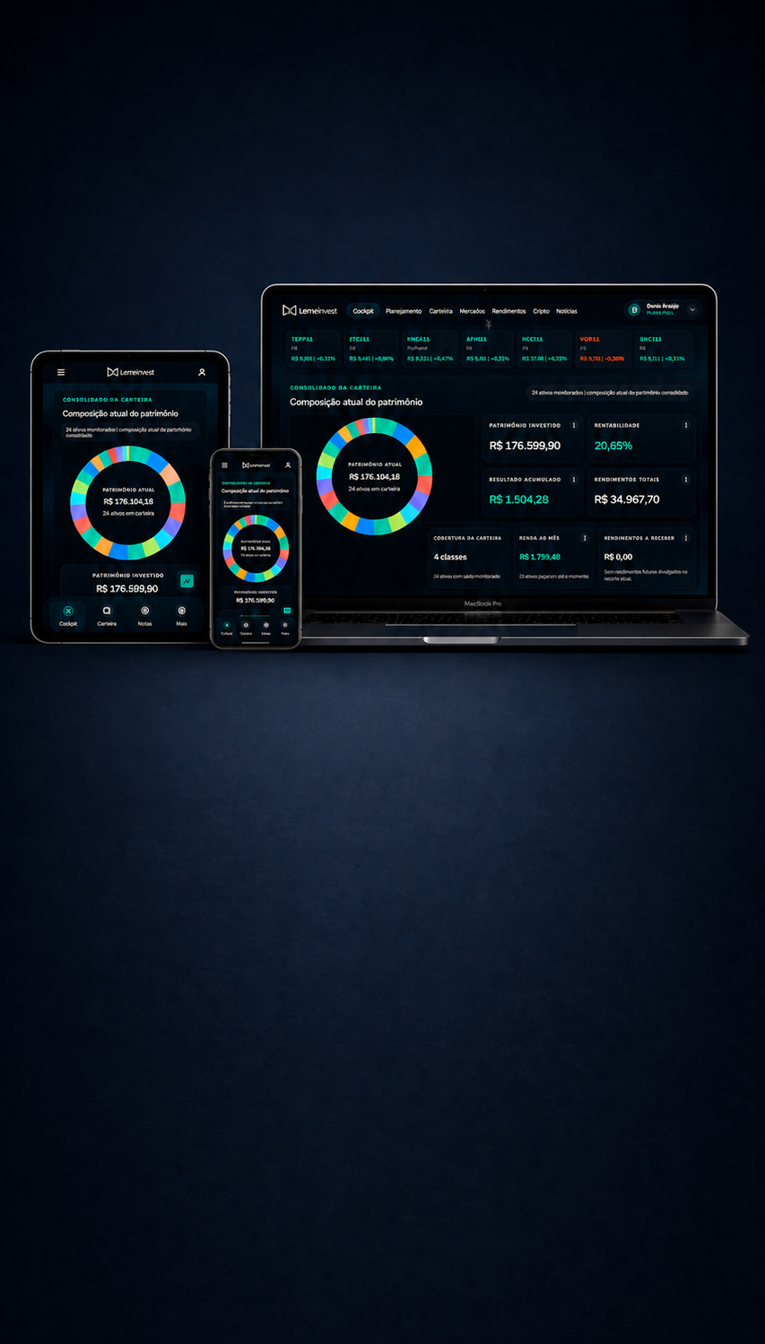Notebook, tablet e celular exibindo a plataforma.